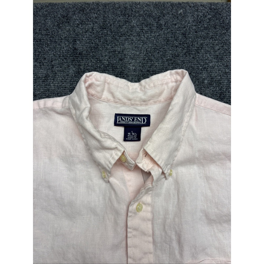 Lands End Linen Shirt Mens Large Pink Short Sleeve Button Down Collar Pocket